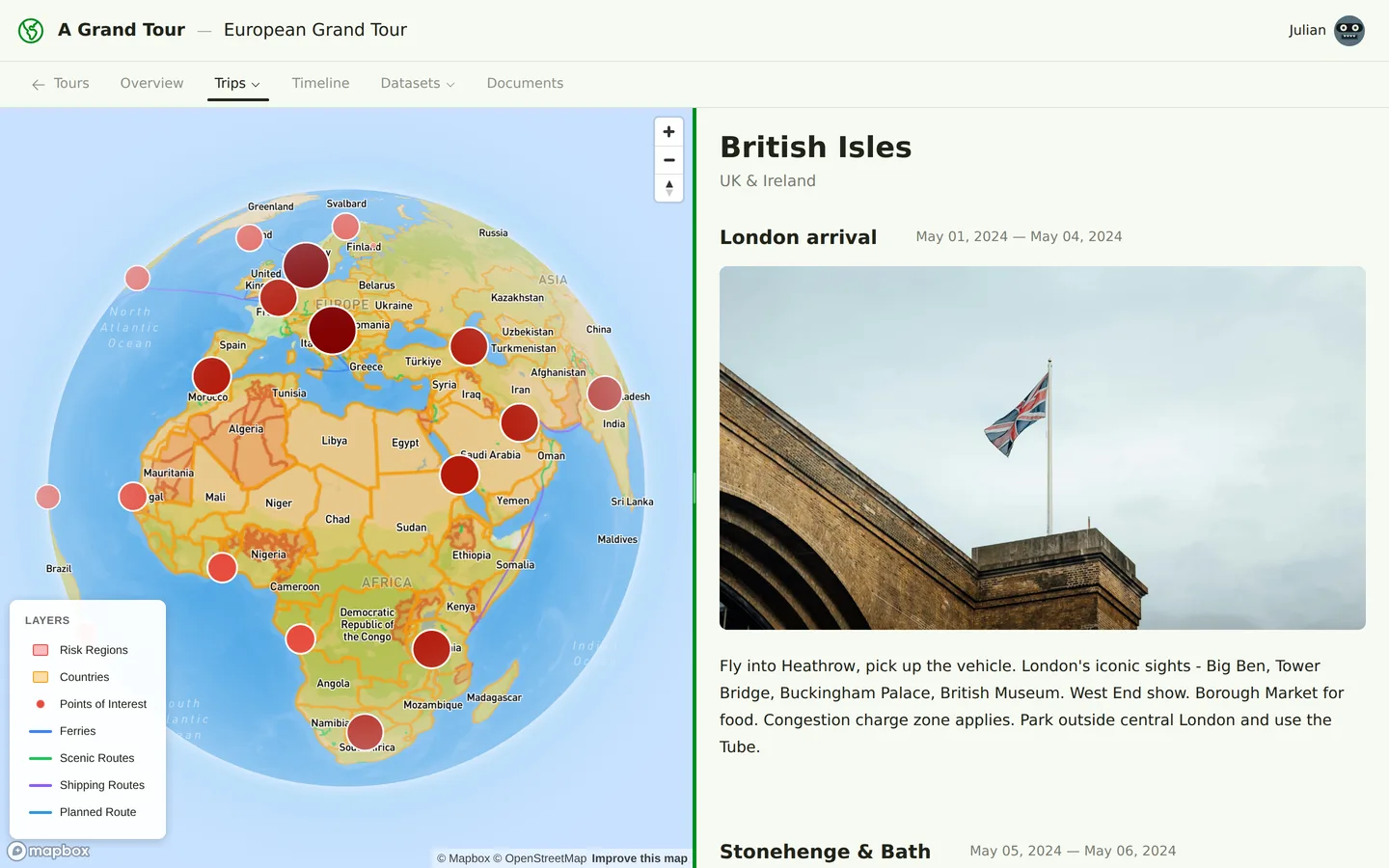 Trip view with map, routes, and itinerary items